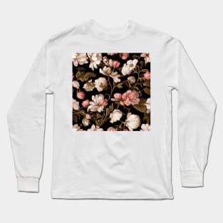 Brown and Pink Floral Pattern on Black Long Sleeve T-Shirt